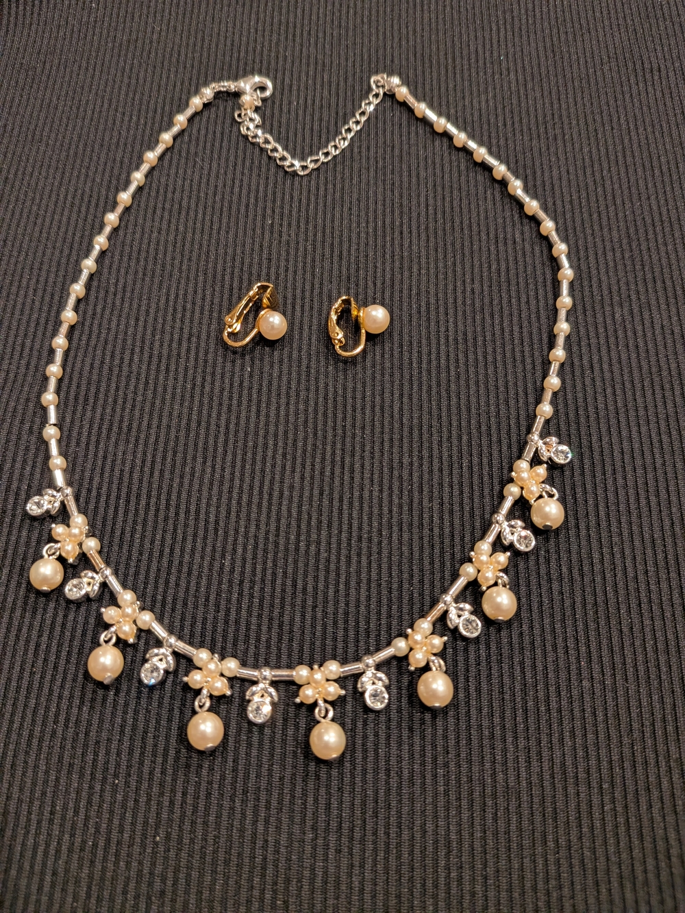 B#4:Elegant Pearl and Crystal Necklace 1990s & 9" with Matching Clip-On Earrings